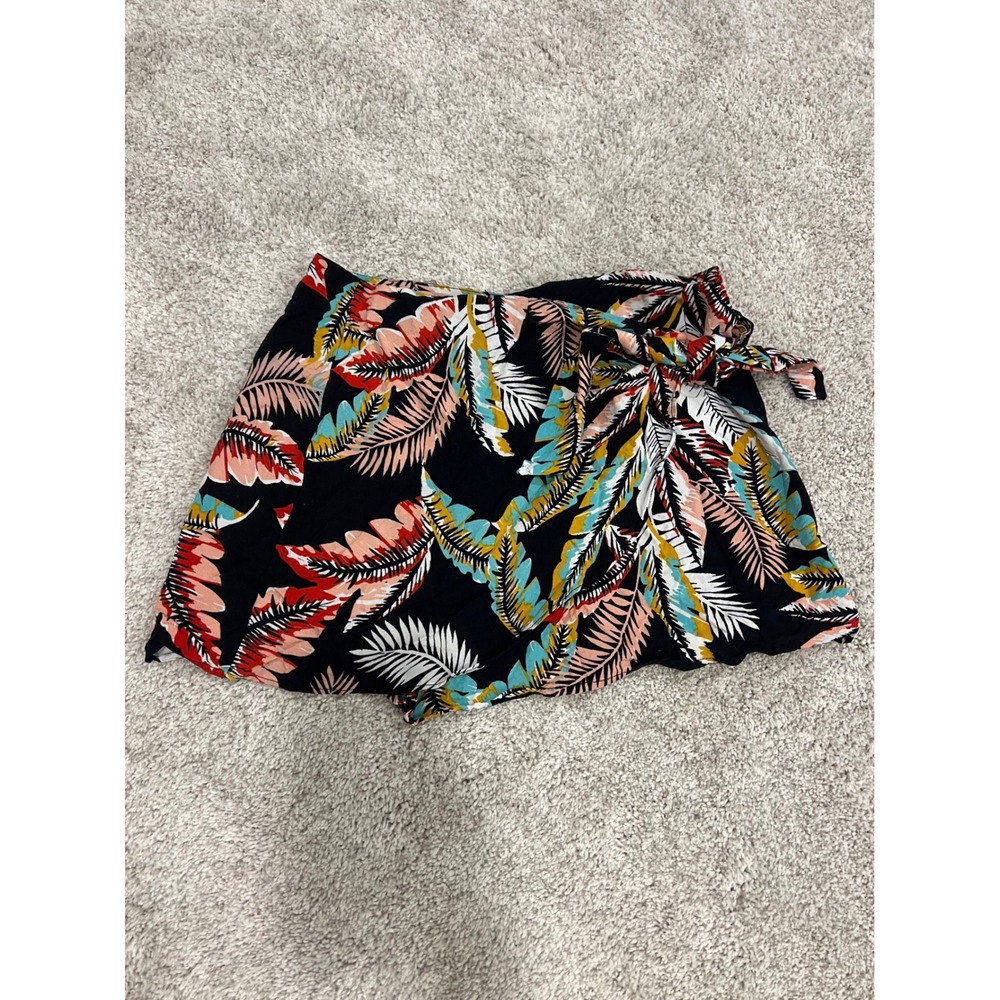 Tropical Leaf Print Wrap Front Skort Black Pink Teal Palm Tie Side Summer Mini